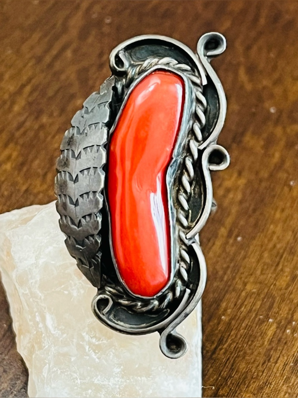 ROBERT PLATERO Navajo Native American Sterling Red Coral Ring Signed RP SZ 6